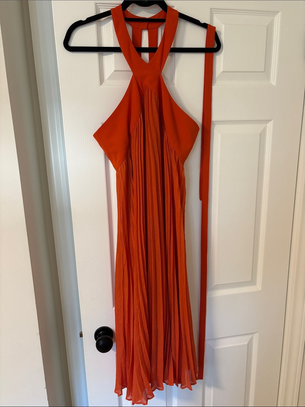 BCBGMaxAzria Orange Halter Pleated Midi Dress